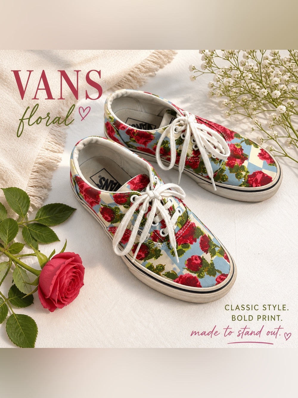 Vans Floral Canvas Low-Top Sneakers in Red and Light Blue Size 6.5